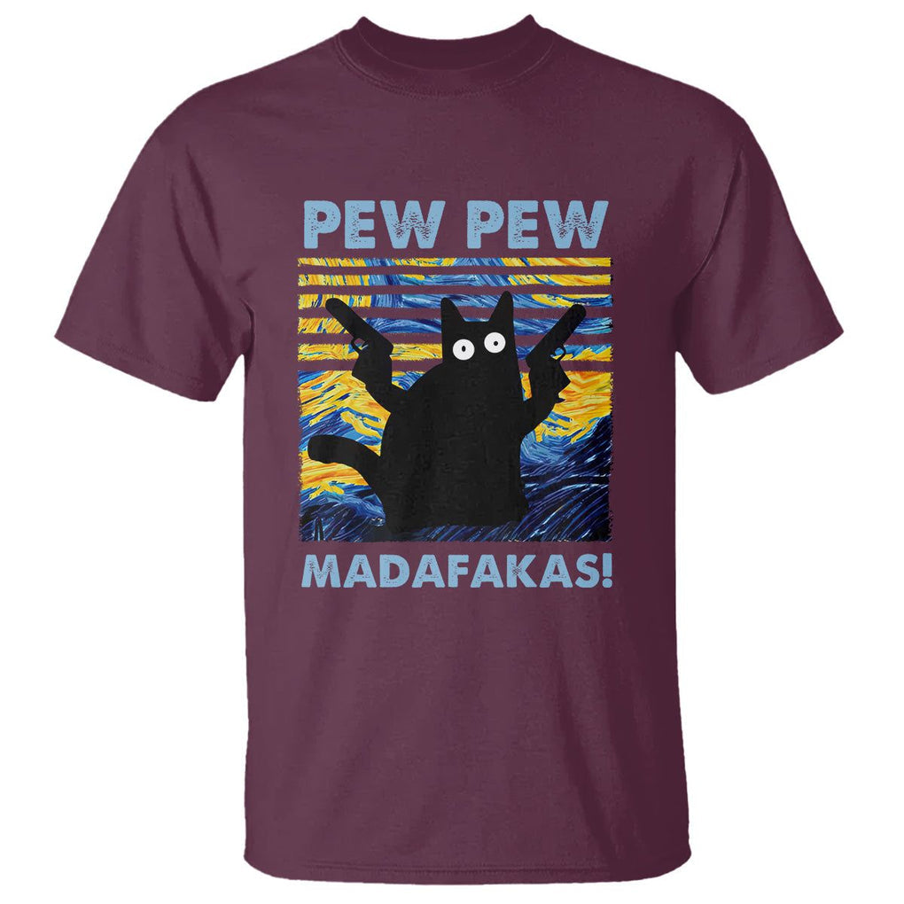 Funny Cat T Shirt Pew Pew Madafakas Retro Vintage Starry Night TS02 Maroon Printyourwear