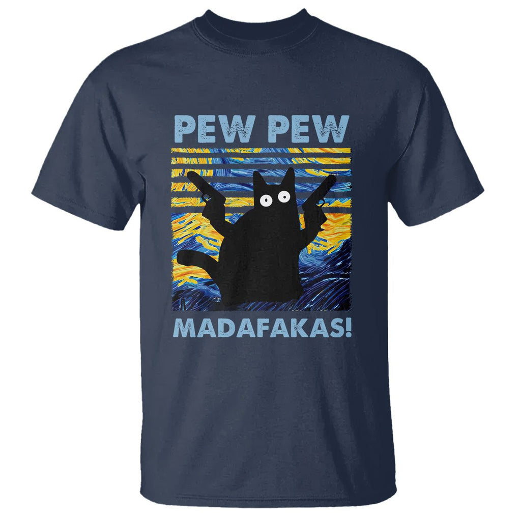 Funny Cat T Shirt Pew Pew Madafakas Retro Vintage Starry Night TS02 Navy Printyourwear