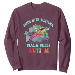 Turtle Autism Acceptance Sweatshirt Swim With Turtles Walk With Autism TS02 Maroon Printyourwear