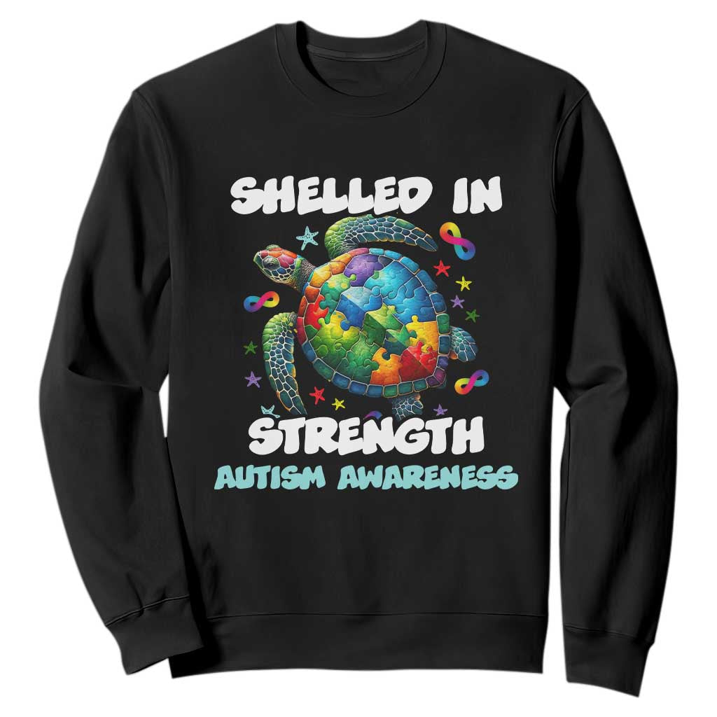 Turtle Autism Acceptance Sweatshirt Shelled In Strength TS02 Black Printyourwear