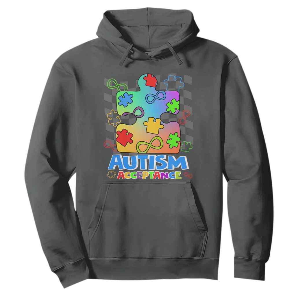 Autism Acceptance Hoodie Retro Groovy Puzzle Piece Spectrum Rainbow Infinity Symbol TS02 Dark Heather Printyourwear