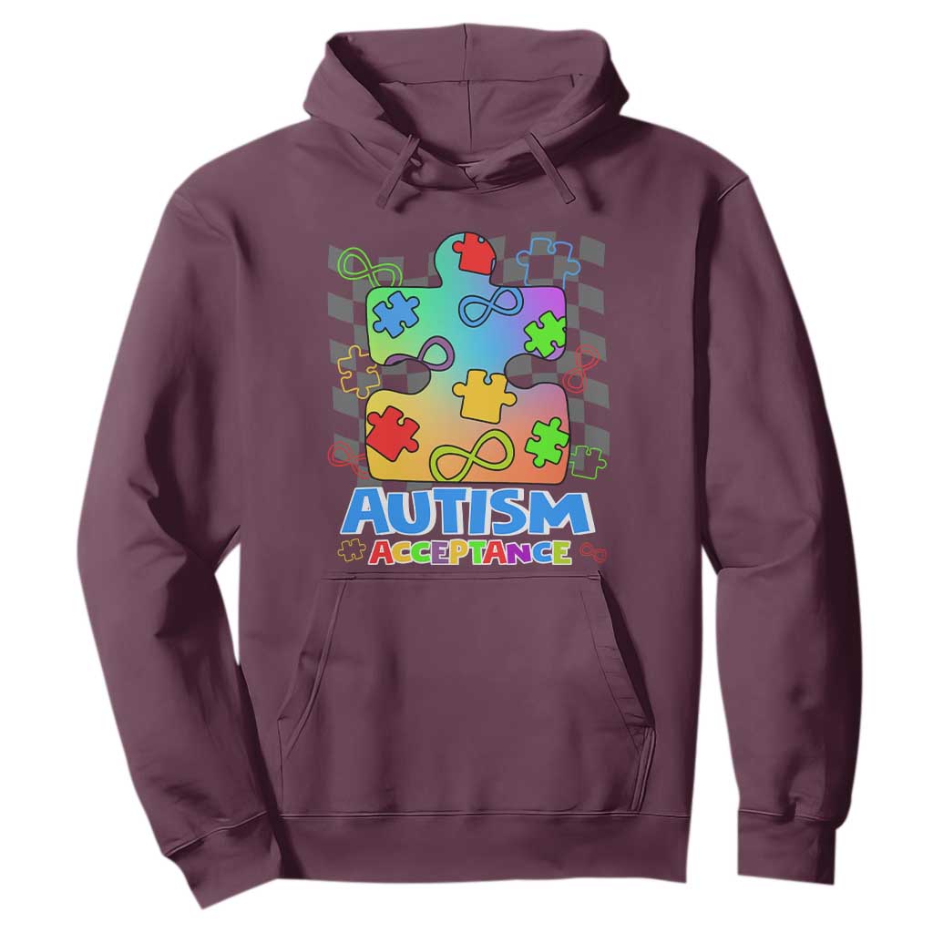 Autism Acceptance Hoodie Retro Groovy Puzzle Piece Spectrum Rainbow Infinity Symbol TS02 Maroon Printyourwear
