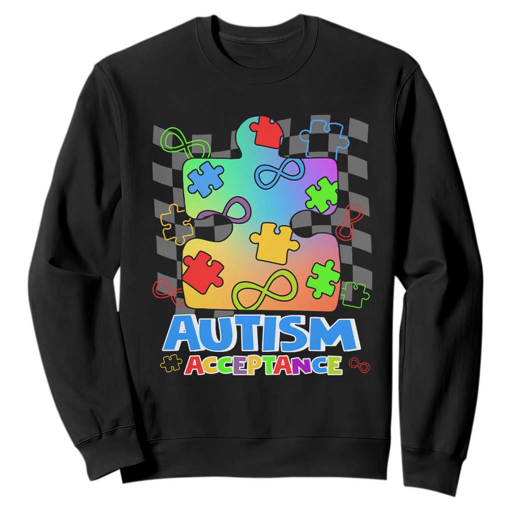Autism Acceptance Sweatshirt Retro Groovy Puzzle Piece Spectrum Rainbow Infinity Symbol TS02 Black Printyourwear