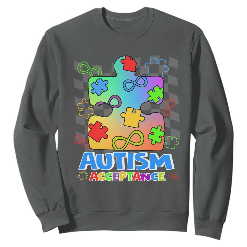 Autism Acceptance Sweatshirt Retro Groovy Puzzle Piece Spectrum Rainbow Infinity Symbol TS02 Dark Heather Printyourwear