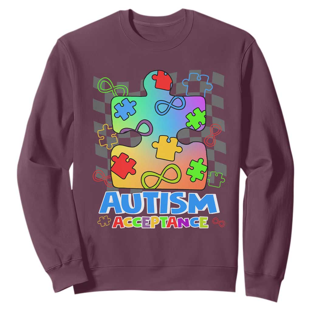 Autism Acceptance Sweatshirt Retro Groovy Puzzle Piece Spectrum Rainbow Infinity Symbol TS02 Maroon Printyourwear