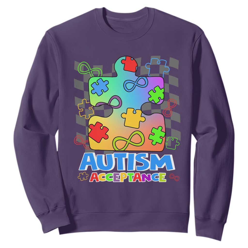Autism Acceptance Sweatshirt Retro Groovy Puzzle Piece Spectrum Rainbow Infinity Symbol TS02 Purple Printyourwear