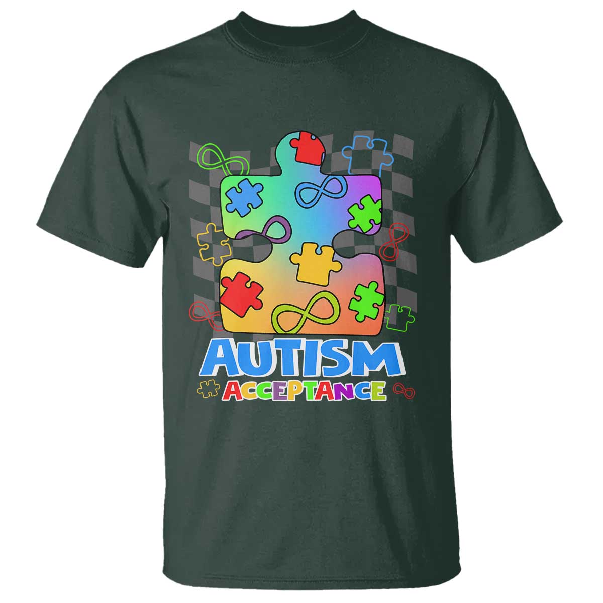 Autism Acceptance T Shirt Retro Groovy Puzzle Piece Spectrum Rainbow Infinity Symbol TS02 Dark Forest Green Printyourwear