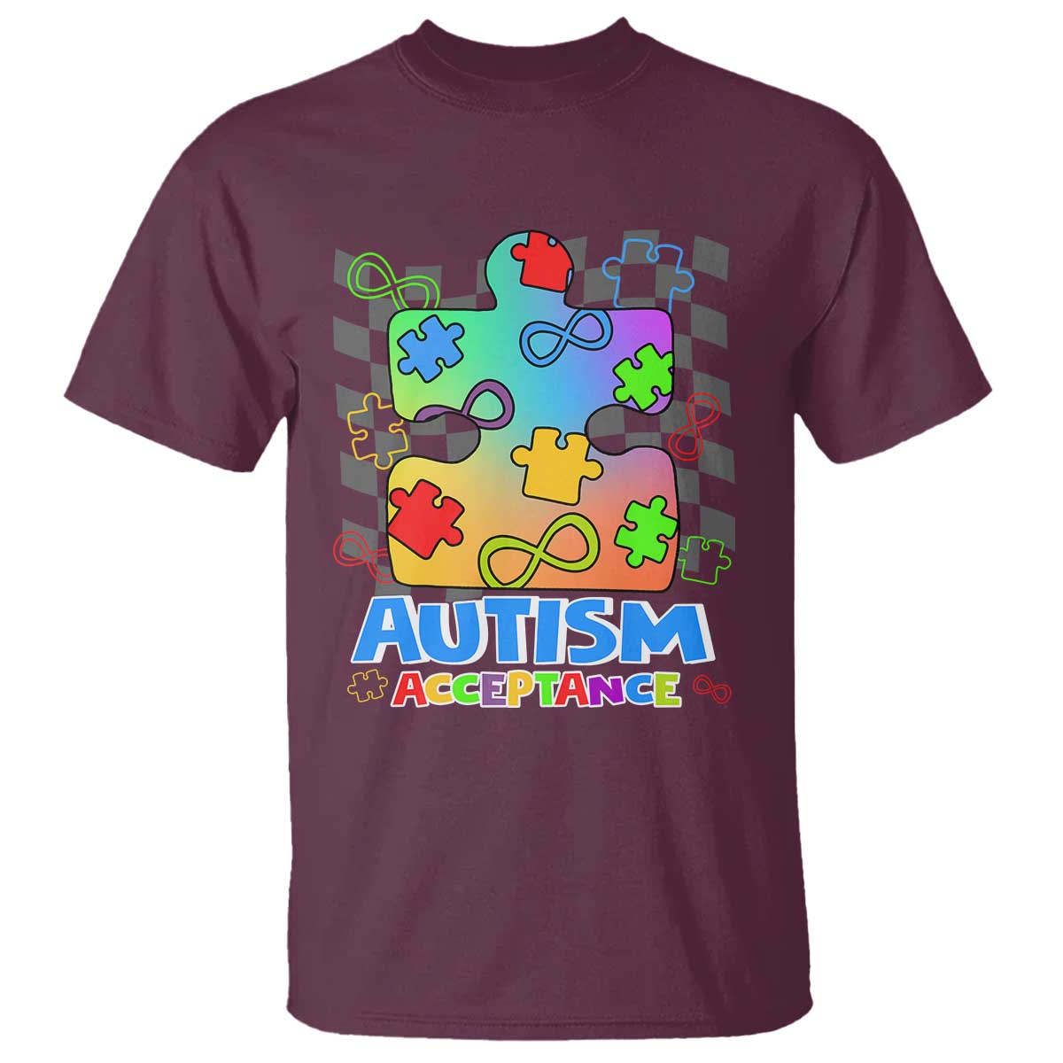 Autism Acceptance T Shirt Retro Groovy Puzzle Piece Spectrum Rainbow Infinity Symbol TS02 Maroon Printyourwear