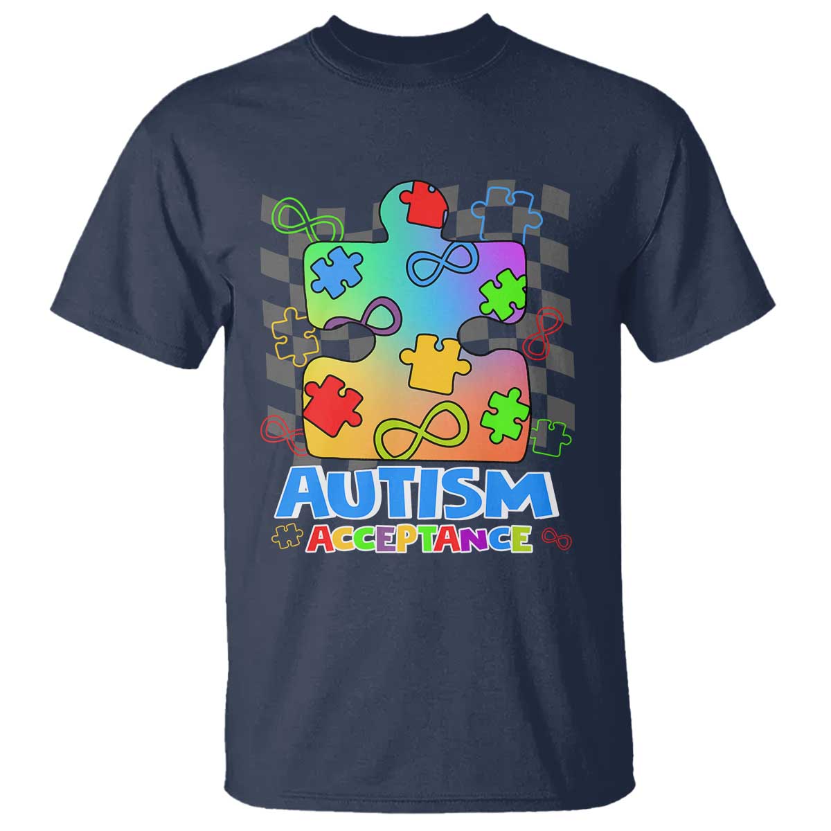 Autism Acceptance T Shirt Retro Groovy Puzzle Piece Spectrum Rainbow Infinity Symbol TS02 Navy Printyourwear