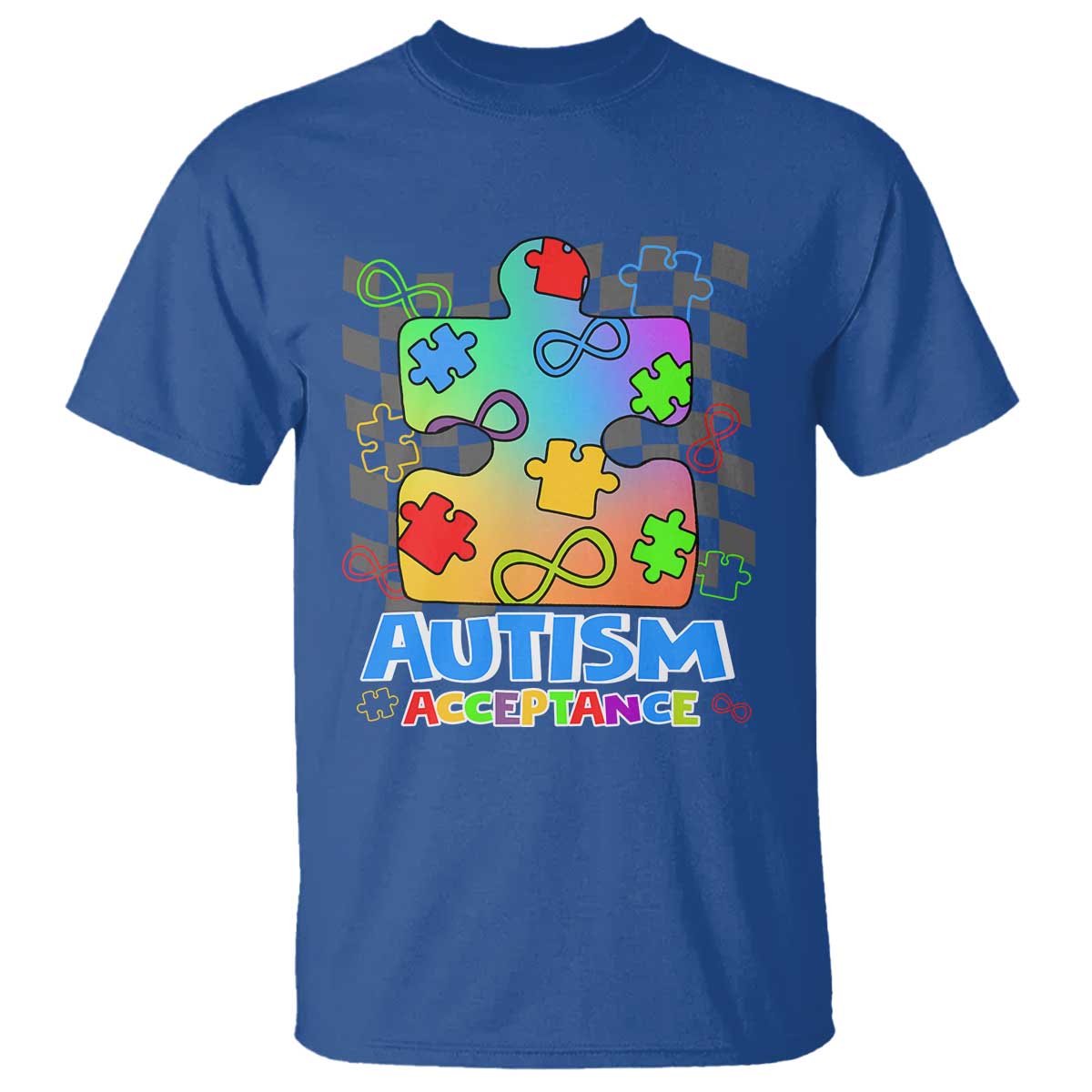 Autism Acceptance T Shirt Retro Groovy Puzzle Piece Spectrum Rainbow Infinity Symbol TS02 Royal Blue Printyourwear