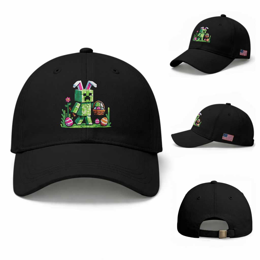 Pixel Easter Bunny Gamer Parody Graphic Baseball Cap Funny Block Style Rabbit with Eggs Basket Gaming Humor Gift TS02 Baseball Cap Universal Fit Black Print Your Wear