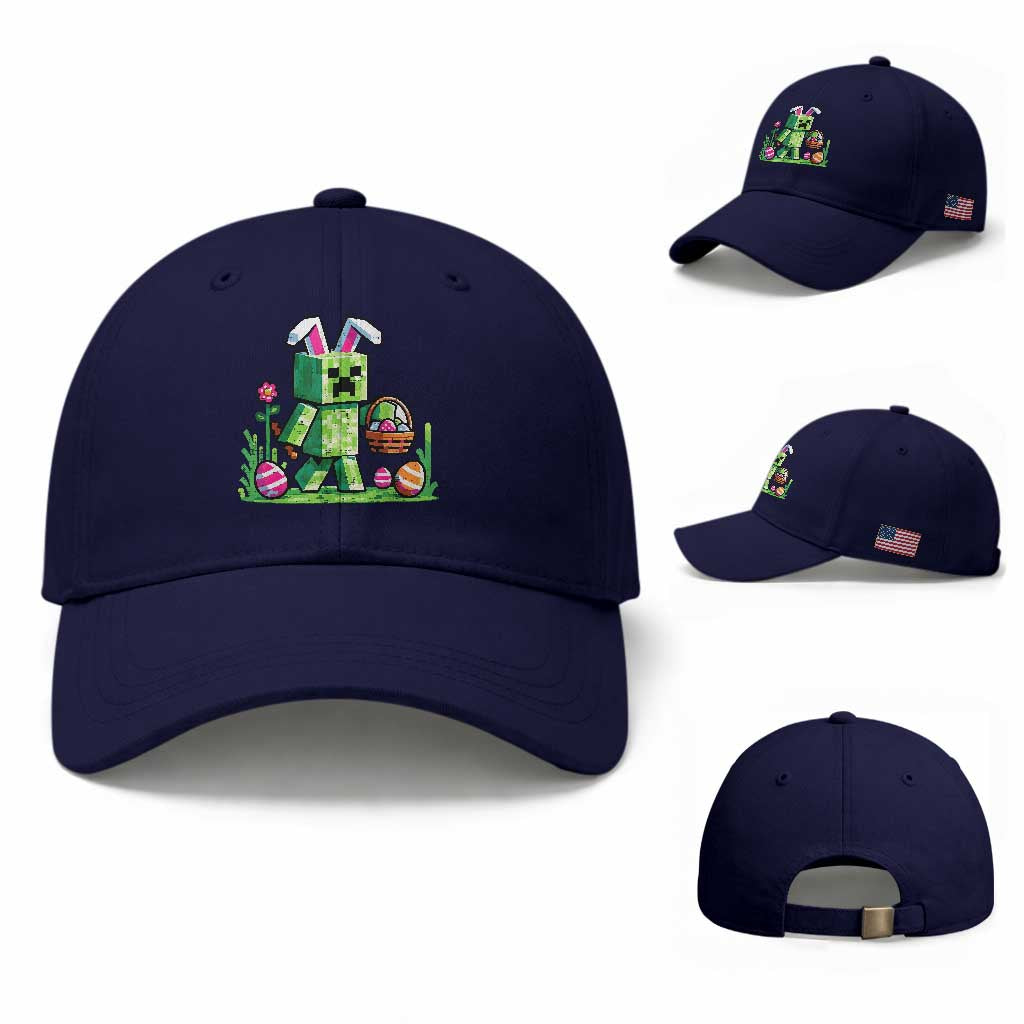 Pixel Easter Bunny Gamer Parody Graphic Baseball Cap Funny Block Style Rabbit with Eggs Basket Gaming Humor Gift TS02 Baseball Cap Universal Fit Dark Blue Print Your Wear