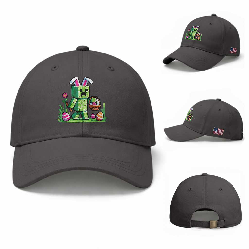Pixel Easter Bunny Gamer Parody Graphic Baseball Cap Funny Block Style Rabbit with Eggs Basket Gaming Humor Gift TS02 Baseball Cap Universal Fit Dark Gray Print Your Wear