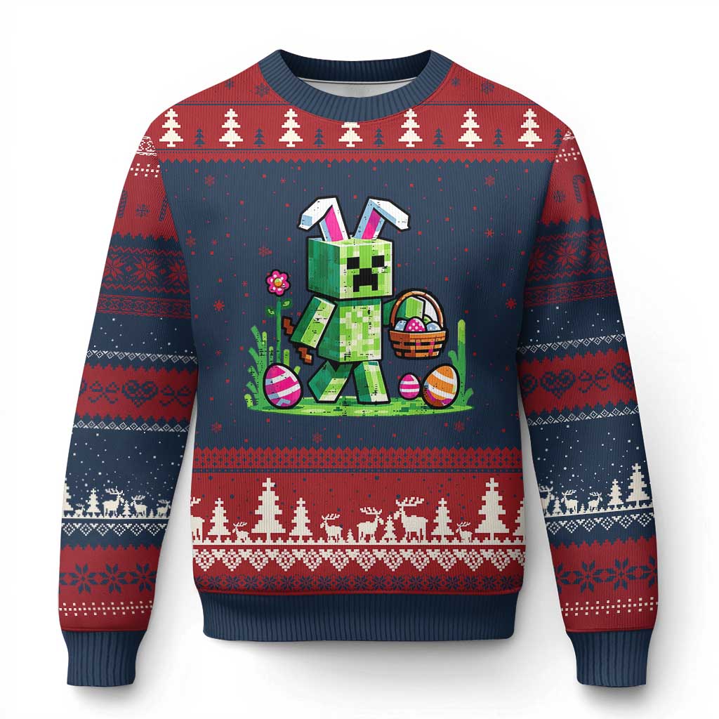 Pixel Easter Bunny Gamer Parody Graphic Ugly Christmas Sweater Funny Block Style Rabbit with Eggs Basket Gaming Humor Gift TS02 Navy Red Print Your Wear