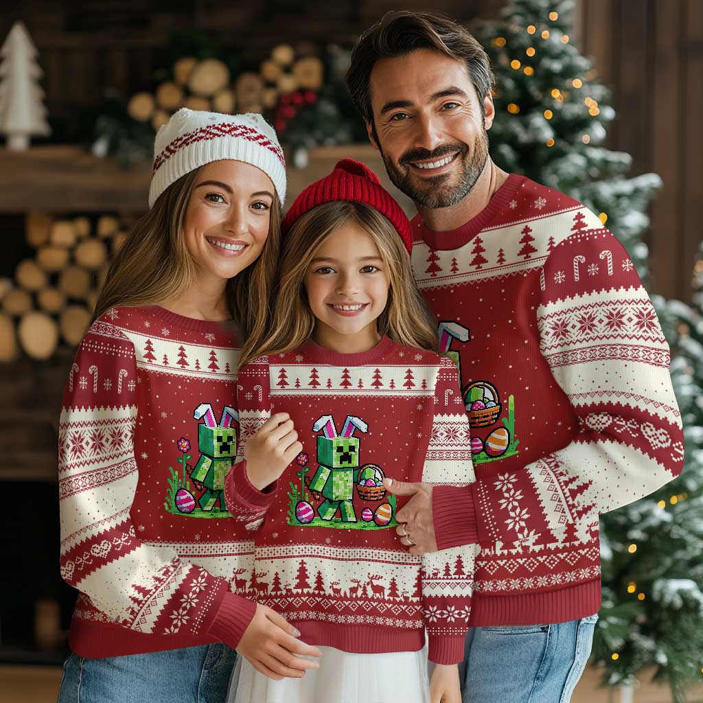 Pixel Easter Bunny Gamer Parody Graphic Ugly Christmas Sweater Funny Block Style Rabbit with Eggs Basket Gaming Humor Gift TS02 Red Beige Print Your Wear
