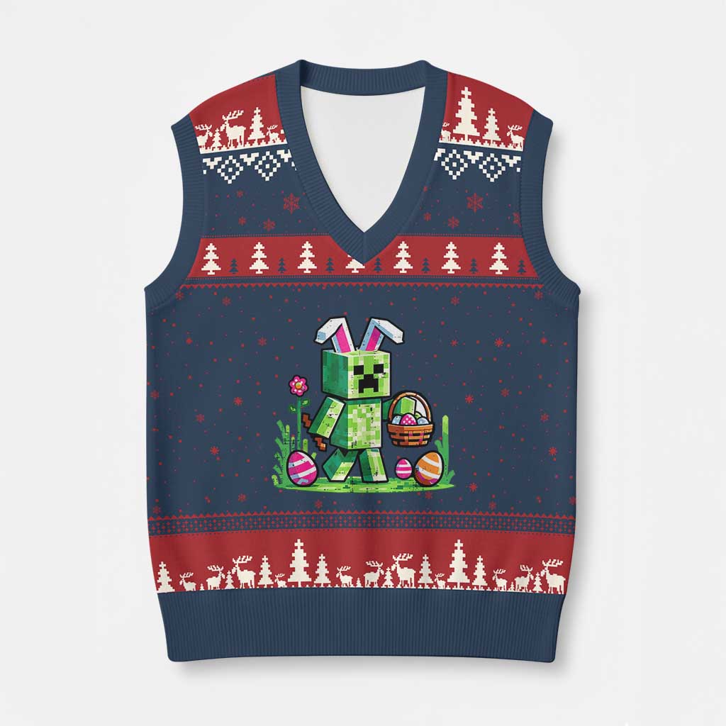 Pixel Easter Bunny Gamer Parody Graphic V-Neck Knit Sweater Vest Funny Block Style Rabbit with Eggs Basket Gaming Humor Gift TS02 Navy Red Print Your Wear
