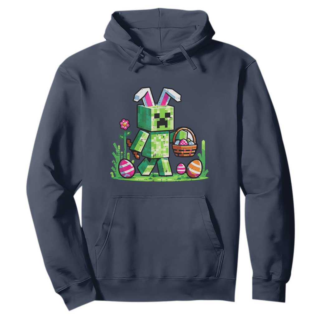 Pixel Easter Bunny Gamer Parody Graphic Hoodie Funny Block Style Rabbit with Eggs Basket Gaming Humor Gift TS02 Navy Print Your Wear