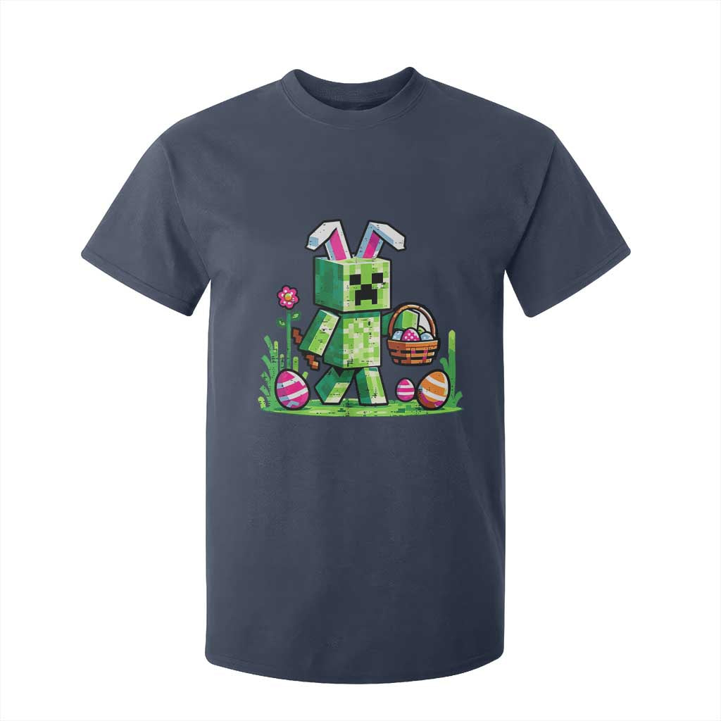 Pixel Easter Bunny Gamer Parody Graphic T Shirt For Kid Funny Block Style Rabbit with Eggs Basket Gaming Humor Gift TS02 Navy Print Your Wear