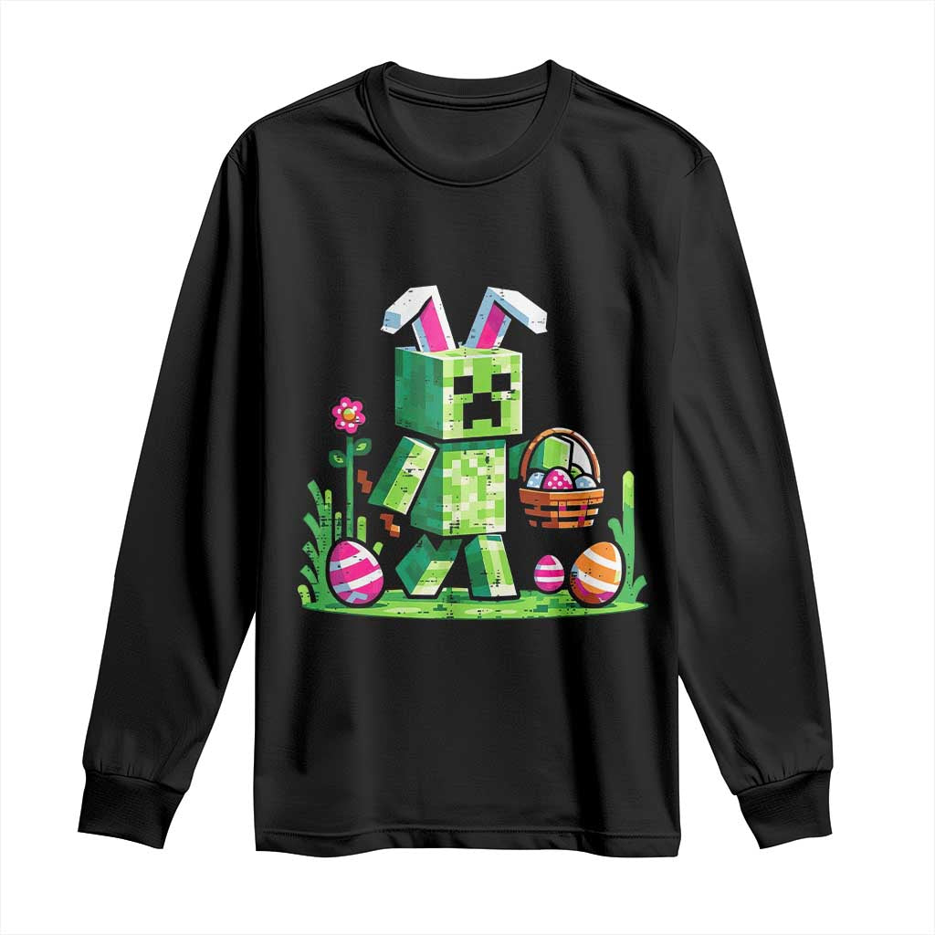 Pixel Easter Bunny Gamer Parody Graphic Long Sleeve Shirt Funny Block Style Rabbit with Eggs Basket Gaming Humor Gift TS02 Black Print Your Wear