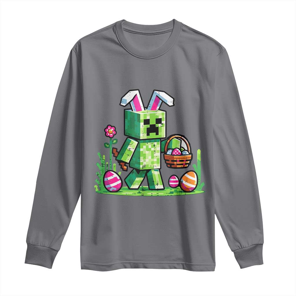 Pixel Easter Bunny Gamer Parody Graphic Long Sleeve Shirt Funny Block Style Rabbit with Eggs Basket Gaming Humor Gift TS02 Charcoal Print Your Wear
