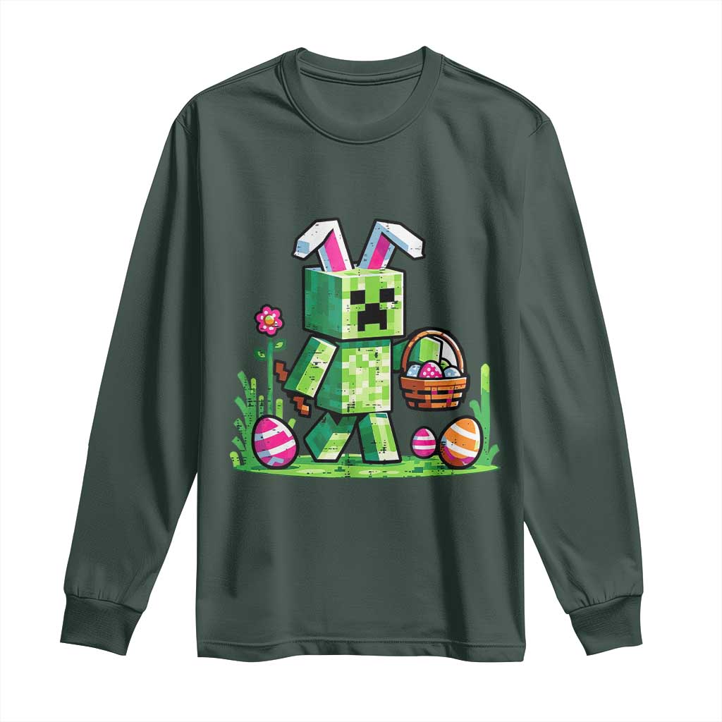 Pixel Easter Bunny Gamer Parody Graphic Long Sleeve Shirt Funny Block Style Rabbit with Eggs Basket Gaming Humor Gift TS02 Dark Forest Green Print Your Wear