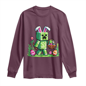 Pixel Easter Bunny Gamer Parody Graphic Long Sleeve Shirt Funny Block Style Rabbit with Eggs Basket Gaming Humor Gift TS02 Maroon Print Your Wear