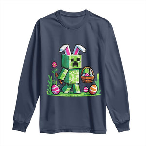 Pixel Easter Bunny Gamer Parody Graphic Long Sleeve Shirt Funny Block Style Rabbit with Eggs Basket Gaming Humor Gift TS02 Navy Print Your Wear