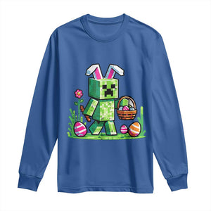 Pixel Easter Bunny Gamer Parody Graphic Long Sleeve Shirt Funny Block Style Rabbit with Eggs Basket Gaming Humor Gift TS02 Royal Blue Print Your Wear
