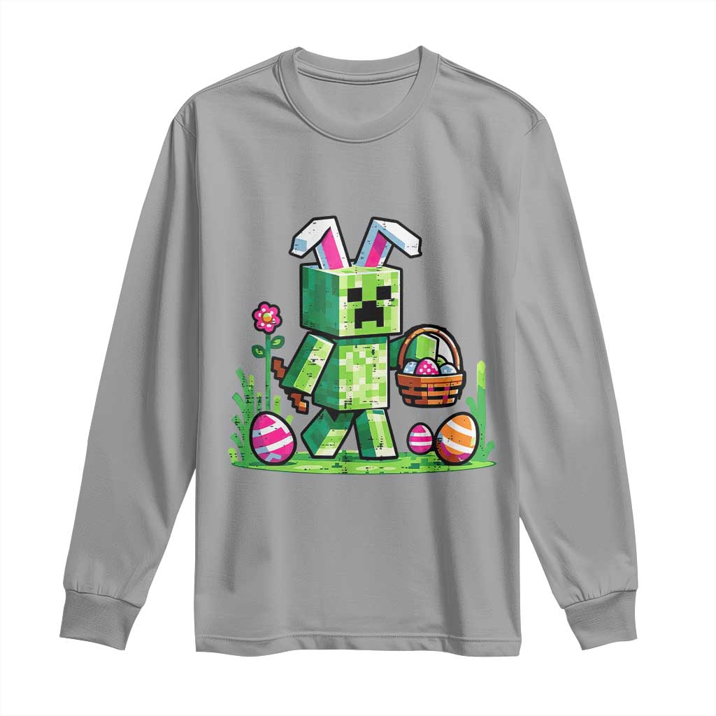 Pixel Easter Bunny Gamer Parody Graphic Long Sleeve Shirt Funny Block Style Rabbit with Eggs Basket Gaming Humor Gift TS02 Sport Gray Print Your Wear