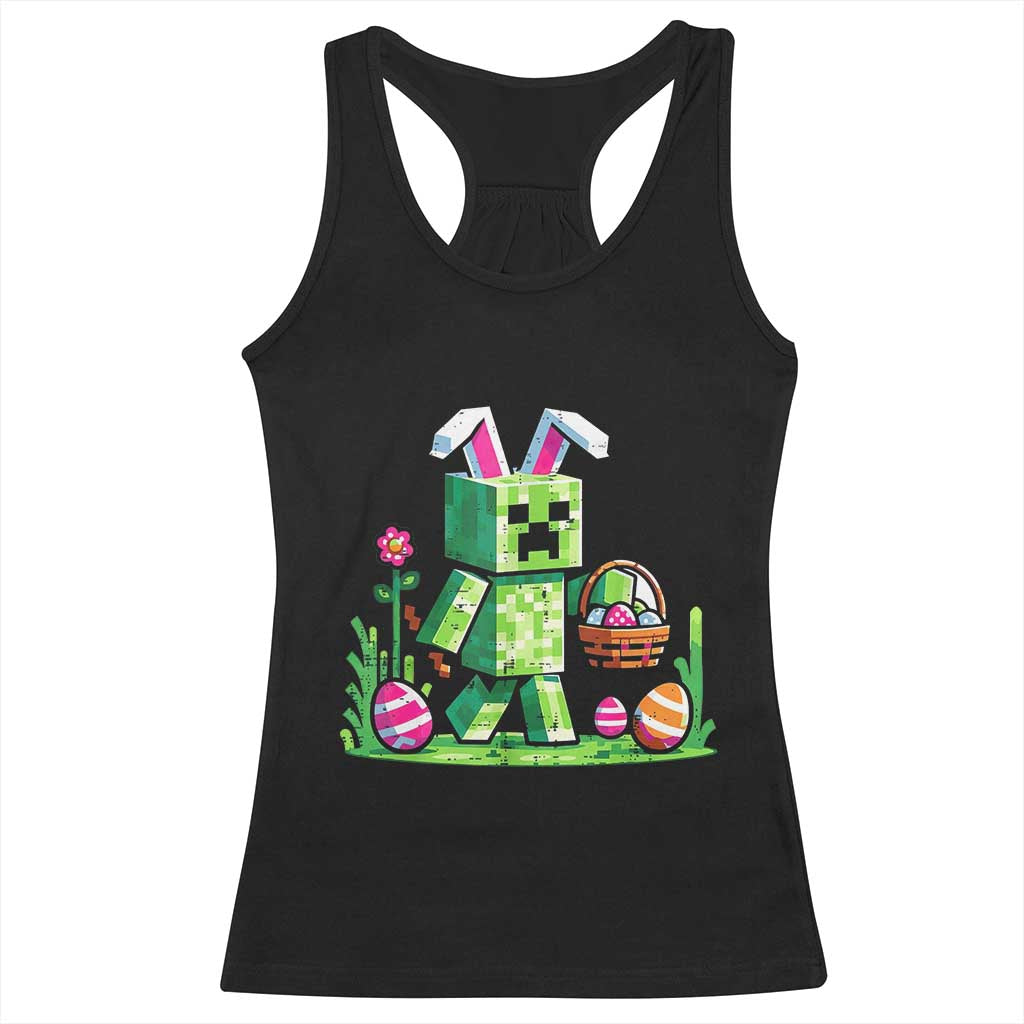 Pixel Easter Bunny Gamer Parody Graphic Racerback Tank Top Funny Block Style Rabbit with Eggs Basket Gaming Humor Gift TS02 Black Print Your Wear