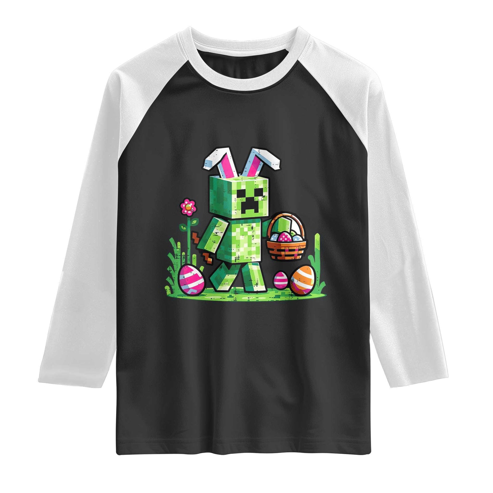 Pixel Easter Bunny Gamer Parody Graphic Raglan Shirt Funny Block Style Rabbit with Eggs Basket Gaming Humor Gift TS02 Black White Print Your Wear