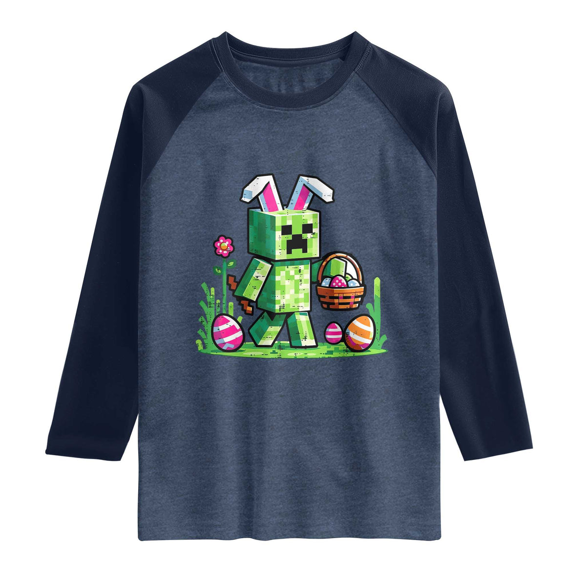 Pixel Easter Bunny Gamer Parody Graphic Raglan Shirt Funny Block Style Rabbit with Eggs Basket Gaming Humor Gift TS02 Heather Denim Navy Print Your Wear