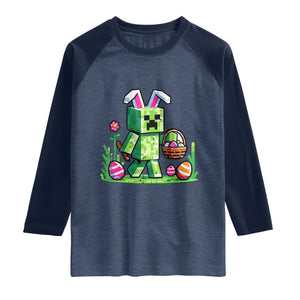 Pixel Easter Bunny Gamer Parody Graphic Raglan Shirt Funny Block Style Rabbit with Eggs Basket Gaming Humor Gift TS02 Heather Denim Navy Print Your Wear