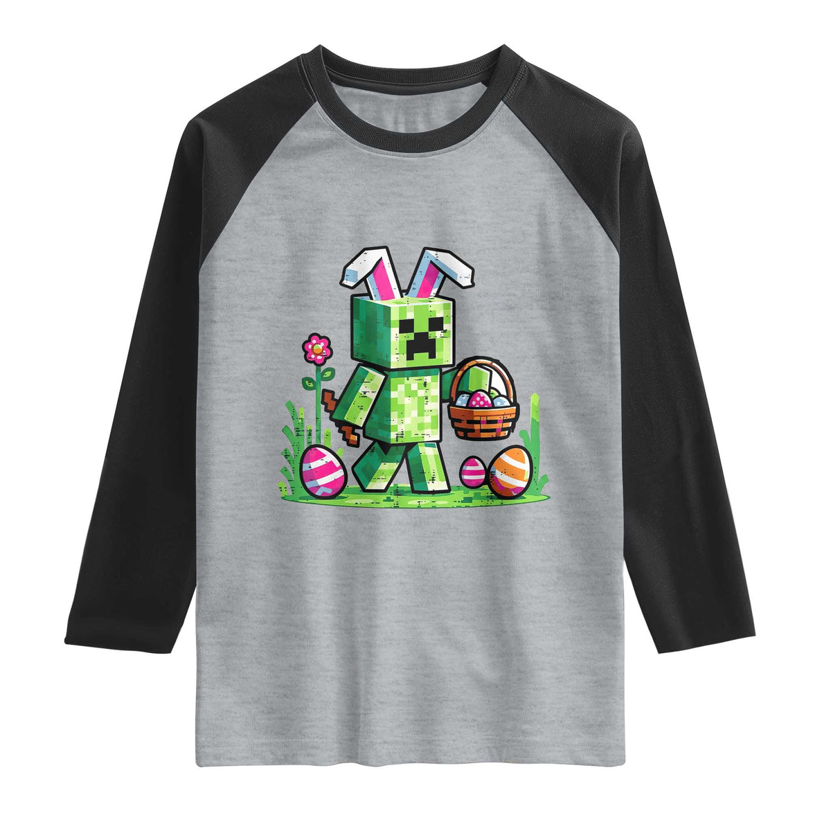 Pixel Easter Bunny Gamer Parody Graphic Raglan Shirt Funny Block Style Rabbit with Eggs Basket Gaming Humor Gift TS02 Heather Gray Black Print Your Wear