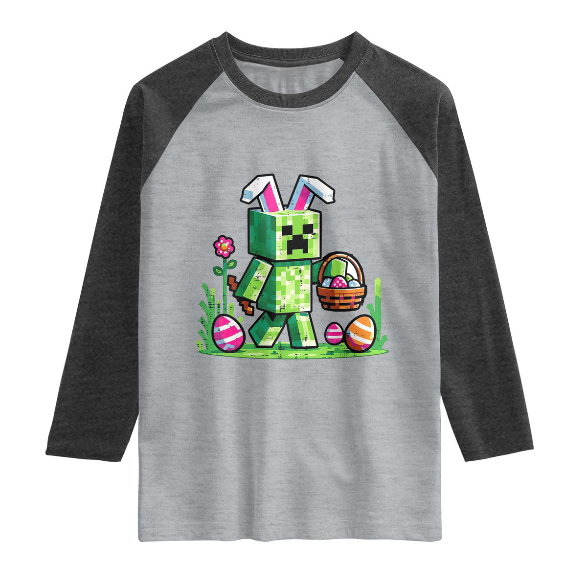 Pixel Easter Bunny Gamer Parody Graphic Raglan Shirt Funny Block Style Rabbit with Eggs Basket Gaming Humor Gift TS02 Heather Gray Heather Charcoal Print Your Wear