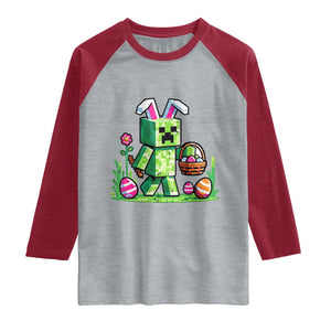 Pixel Easter Bunny Gamer Parody Graphic Raglan Shirt Funny Block Style Rabbit with Eggs Basket Gaming Humor Gift TS02 Heather Gray Heather Red Print Your Wear