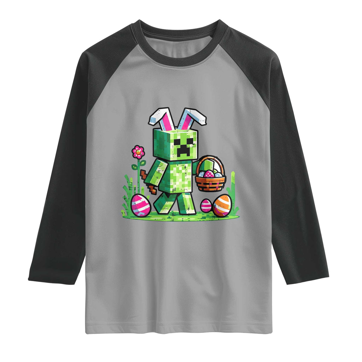 Pixel Easter Bunny Gamer Parody Graphic Raglan Shirt Funny Block Style Rabbit with Eggs Basket Gaming Humor Gift TS02 Sport Gray Black Print Your Wear