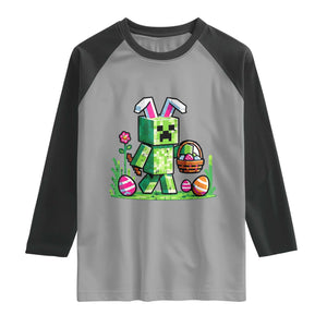 Pixel Easter Bunny Gamer Parody Graphic Raglan Shirt Funny Block Style Rabbit with Eggs Basket Gaming Humor Gift TS02 Sport Gray Black Print Your Wear
