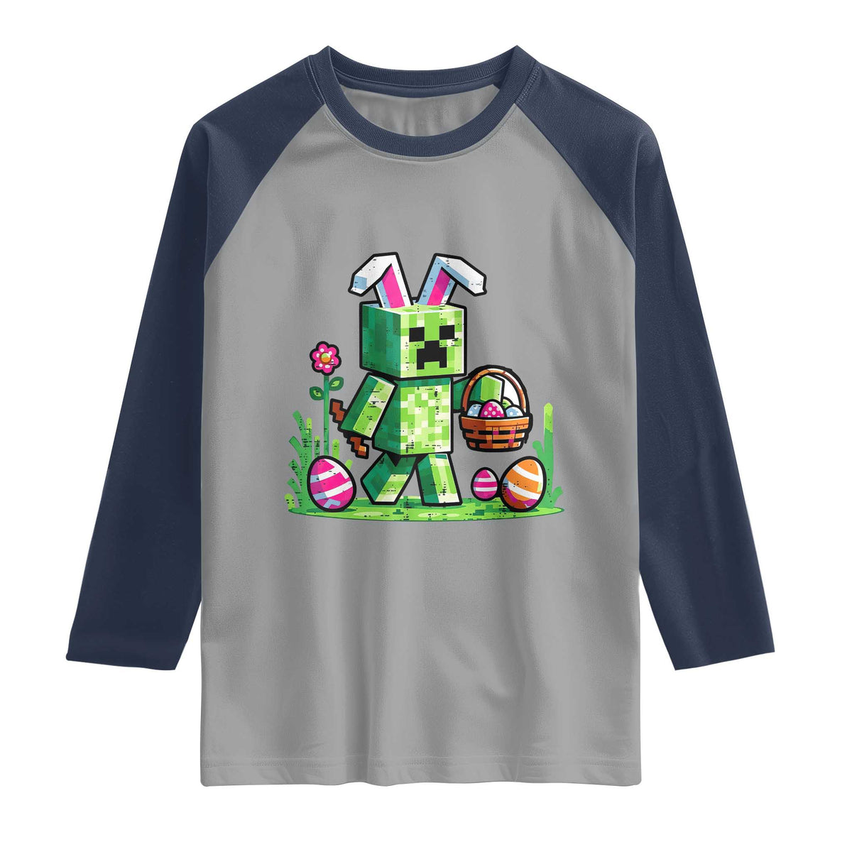 Pixel Easter Bunny Gamer Parody Graphic Raglan Shirt Funny Block Style Rabbit with Eggs Basket Gaming Humor Gift TS02 Sport Gray Navy Print Your Wear
