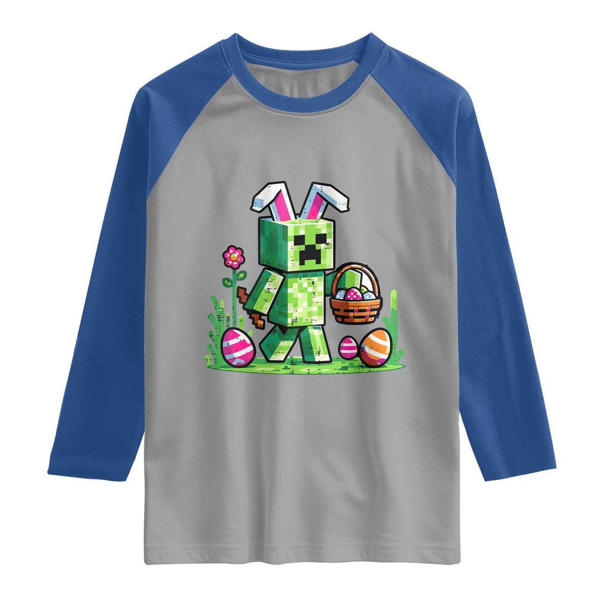Pixel Easter Bunny Gamer Parody Graphic Raglan Shirt Funny Block Style Rabbit with Eggs Basket Gaming Humor Gift TS02 Sport Gray Royal Print Your Wear