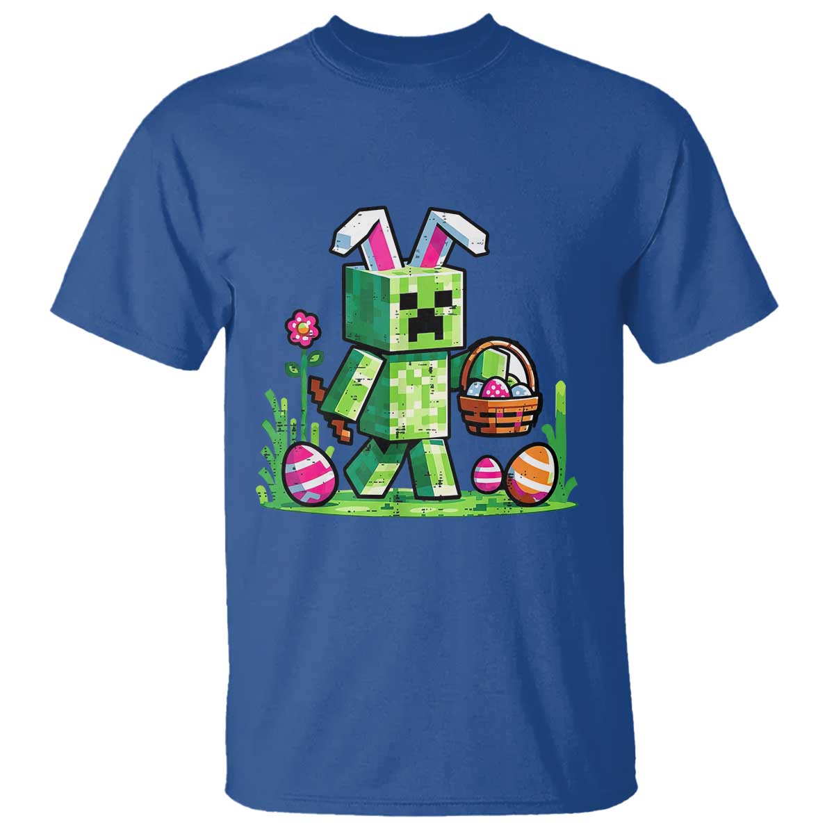 Pixel Easter Bunny Gamer Parody Graphic T Shirt Funny Block Style Rabbit with Eggs Basket Gaming Humor Gift TS02 Royal Blue Print Your Wear