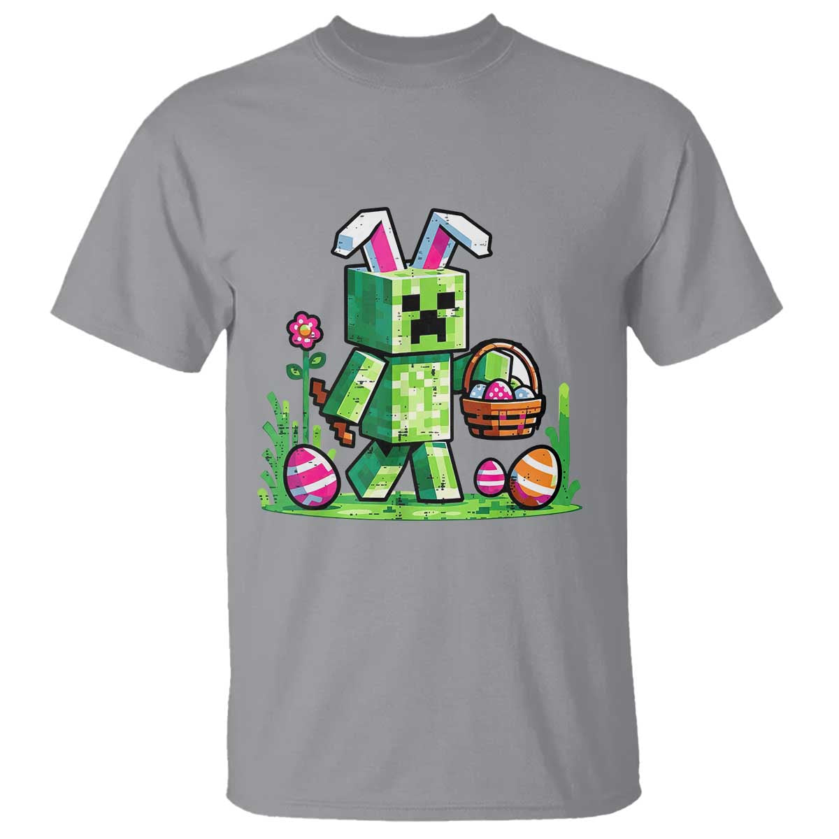 Pixel Easter Bunny Gamer Parody Graphic T Shirt Funny Block Style Rabbit with Eggs Basket Gaming Humor Gift TS02 Sport Gray Print Your Wear