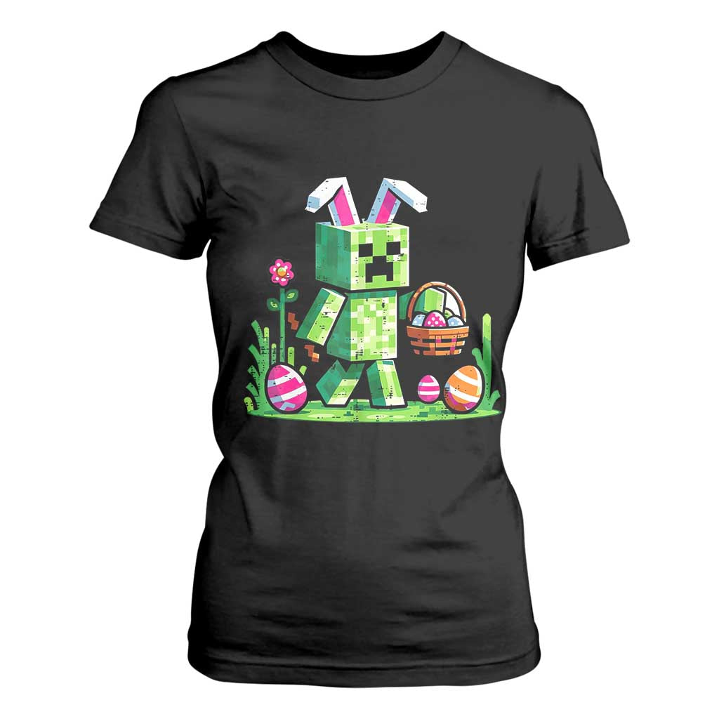Pixel Easter Bunny Gamer Parody Graphic T Shirt For Women Funny Block Style Rabbit with Eggs Basket Gaming Humor Gift TS02 Black Print Your Wear