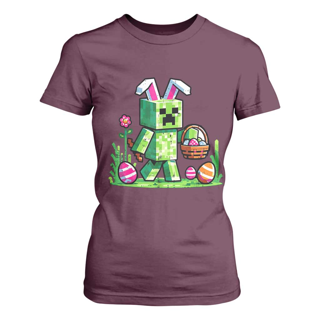 Pixel Easter Bunny Gamer Parody Graphic T Shirt For Women Funny Block Style Rabbit with Eggs Basket Gaming Humor Gift TS02 Maroon Print Your Wear