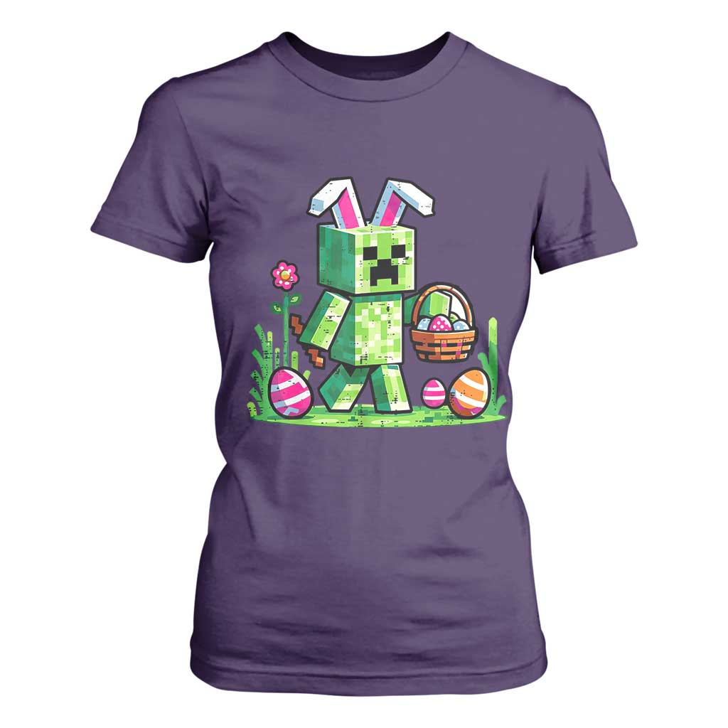 Pixel Easter Bunny Gamer Parody Graphic T Shirt For Women Funny Block Style Rabbit with Eggs Basket Gaming Humor Gift TS02 Purple Print Your Wear