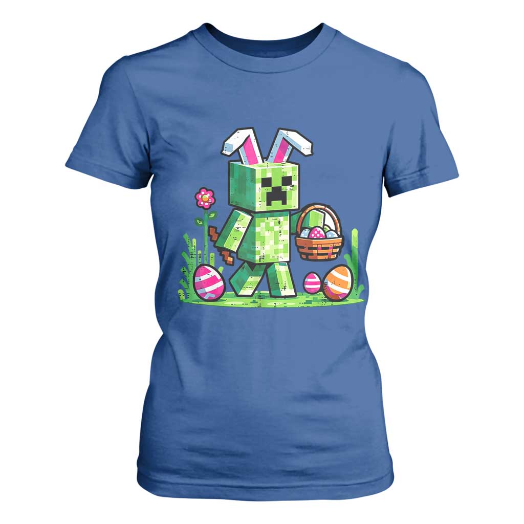 Pixel Easter Bunny Gamer Parody Graphic T Shirt For Women Funny Block Style Rabbit with Eggs Basket Gaming Humor Gift TS02 Royal Blue Print Your Wear