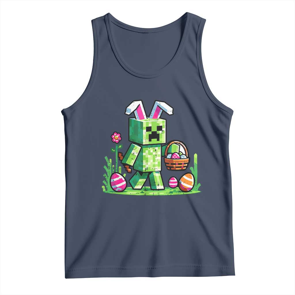 Pixel Easter Bunny Gamer Parody Graphic Tank Top Funny Block Style Rabbit with Eggs Basket Gaming Humor Gift TS02 Navy Print Your Wear