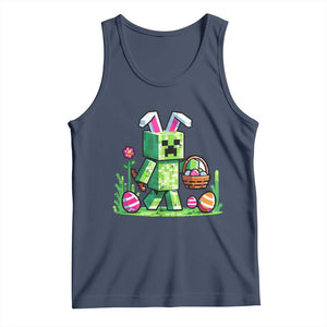 Pixel Easter Bunny Gamer Parody Graphic Tank Top Funny Block Style Rabbit with Eggs Basket Gaming Humor Gift TS02 Navy Print Your Wear
