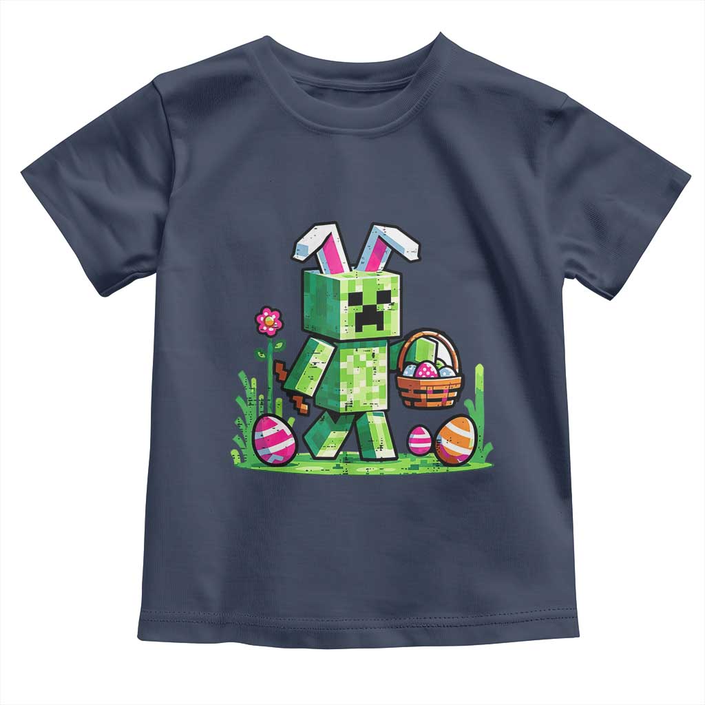 Pixel Easter Bunny Gamer Parody Graphic Toddler T Shirt Funny Block Style Rabbit with Eggs Basket Gaming Humor Gift TS02 Navy Print Your Wear