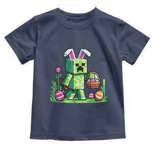 Pixel Easter Bunny Gamer Parody Graphic Toddler T Shirt Funny Block Style Rabbit with Eggs Basket Gaming Humor Gift TS02 Navy Print Your Wear